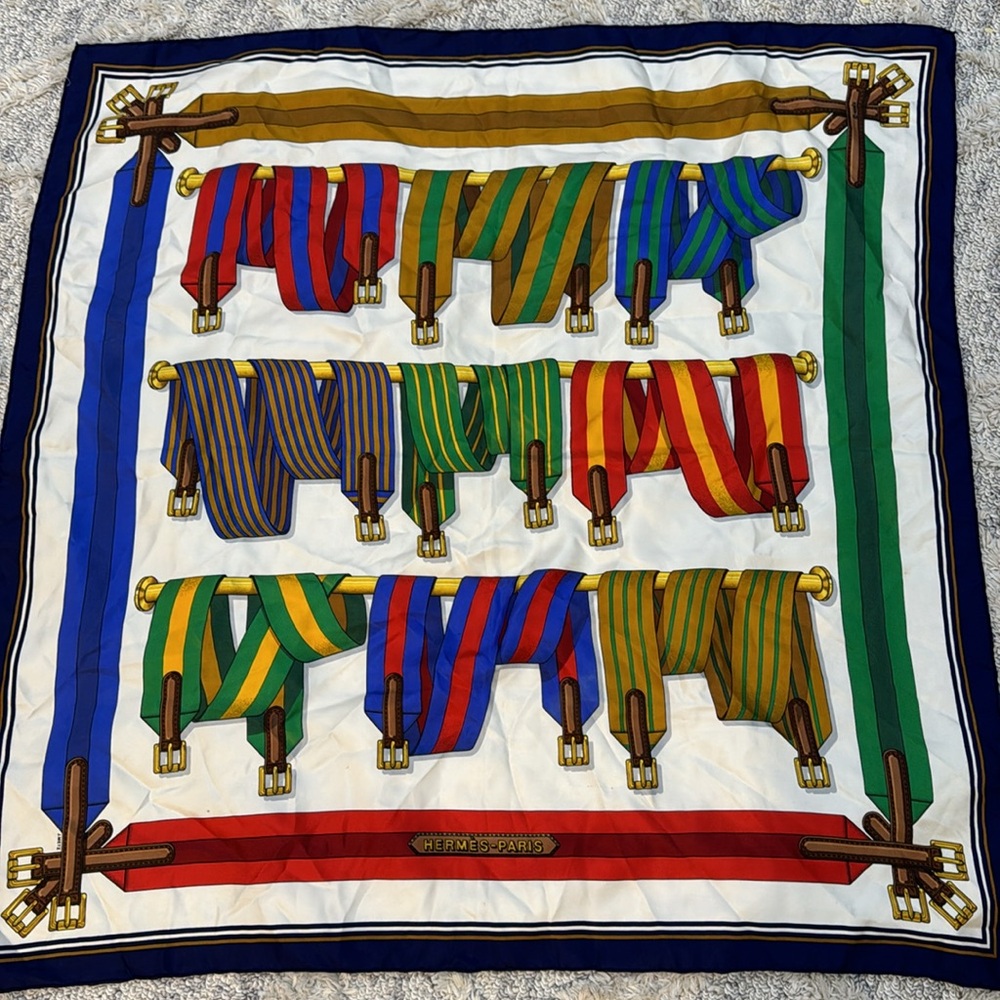 Hermes Multicolor Silk Scarf with Navy, Green, Gold and Red Accents - Picture 2 of 12